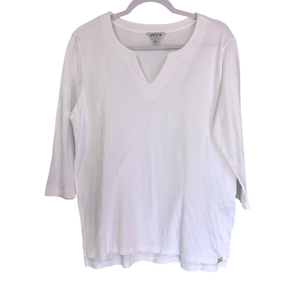 Orvis Top White SZ LG 3/4 Sleeve 100% Pima Cotton Split-Neck Casual Relaxed